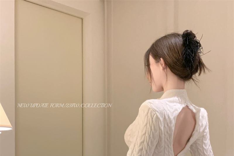 Dress Cable Mini Sheath Mock Long-Sleeve Knit Neck Open Back