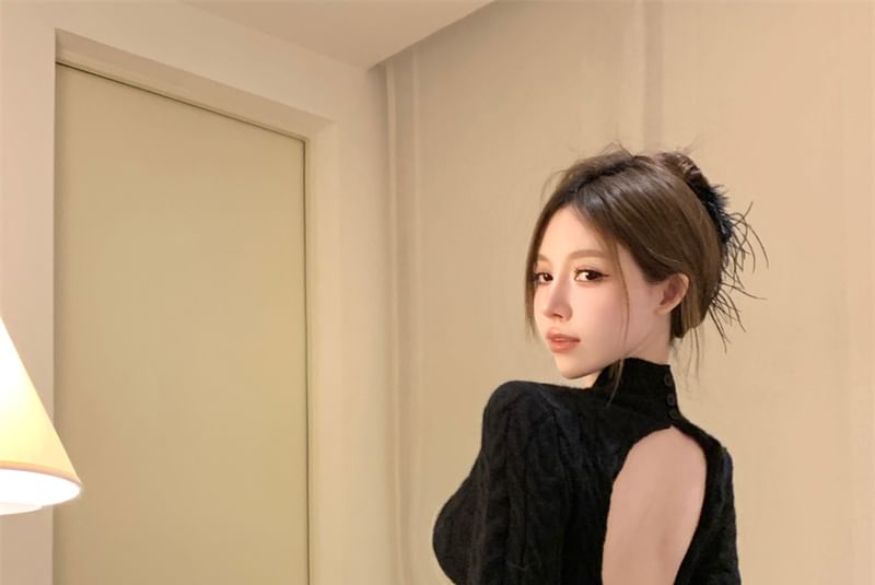 Dress Cable Mini Sheath Mock Long-Sleeve Knit Neck Open Back