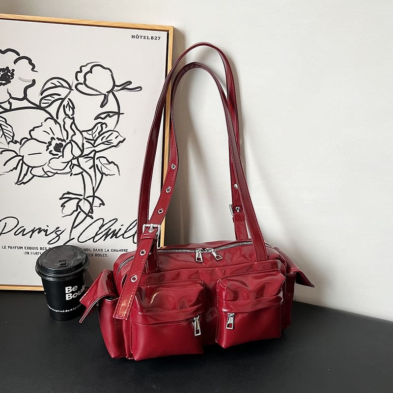 Multi-Pocket Faux Leather Shoulder Bag