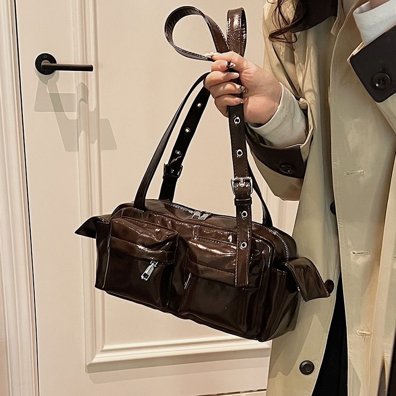 Multi-Pocket Faux Leather Shoulder Bag