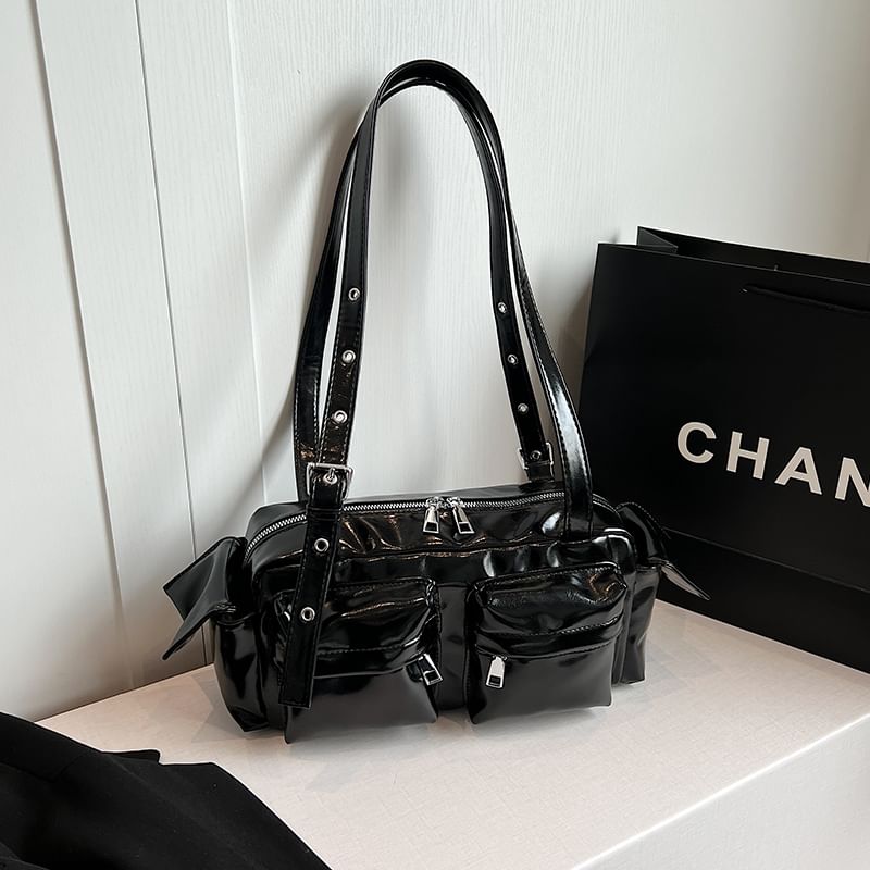 Multi-Pocket Faux Leather Shoulder Bag