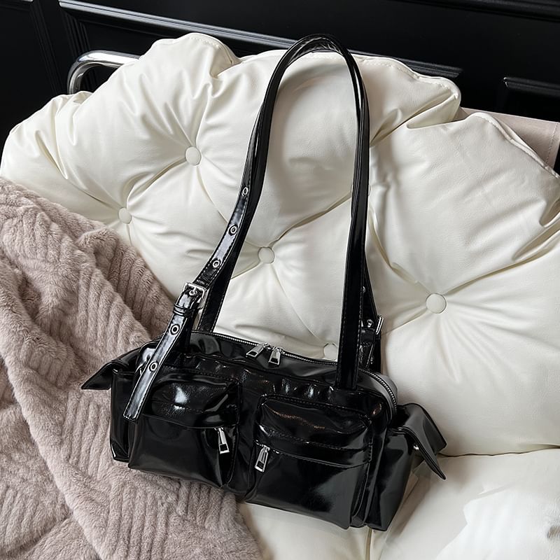 Multi-Pocket Faux Leather Shoulder Bag