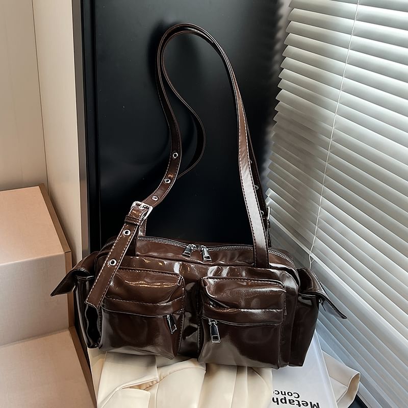 Multi-Pocket Faux Leather Shoulder Bag