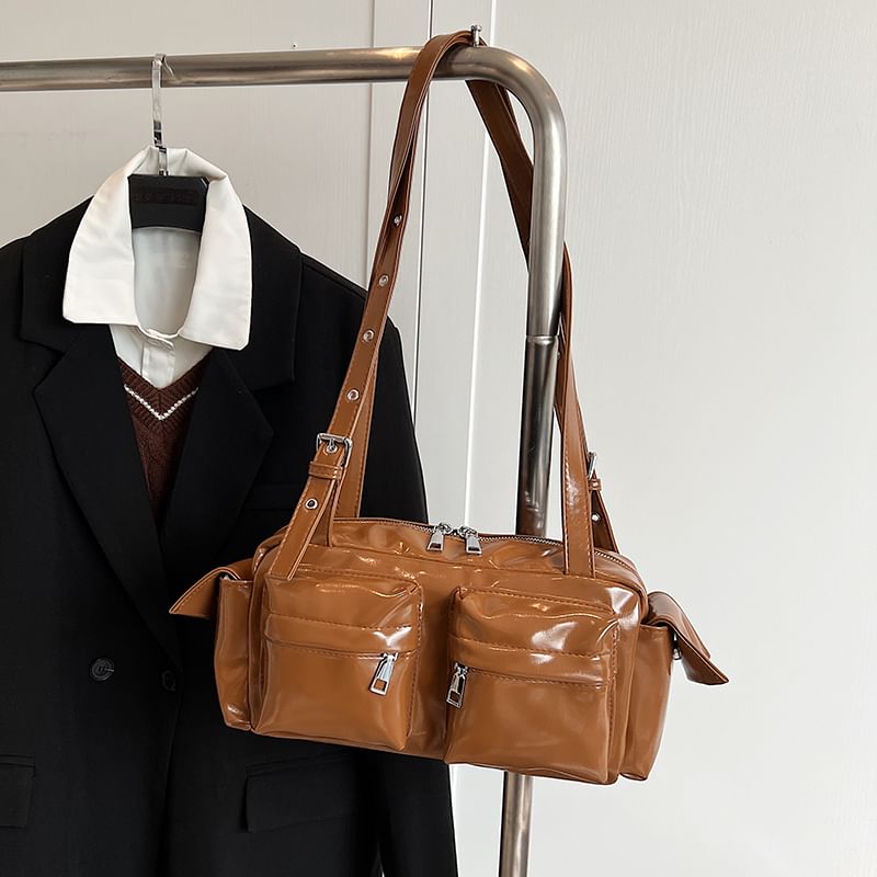 Multi-Pocket Faux Leather Shoulder Bag