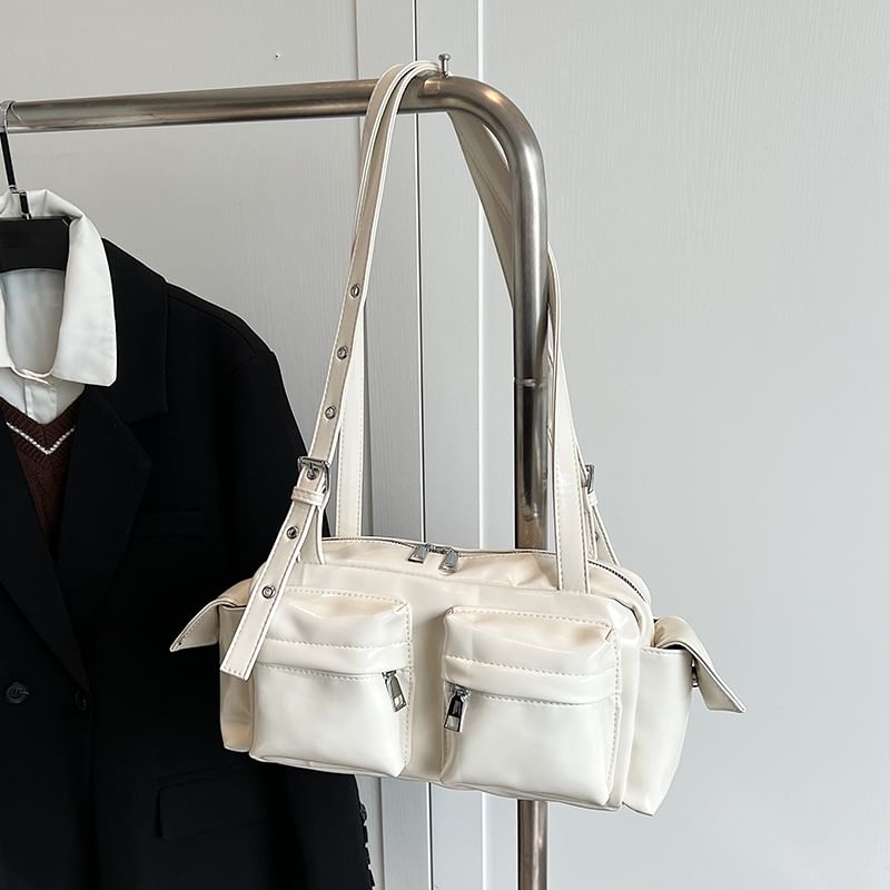 Multi-Pocket Faux Leather Shoulder Bag