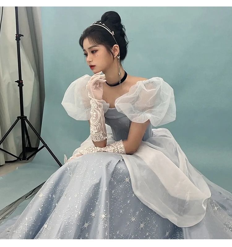 Skirt Gown Ball Star Strapless Print Puff-Sleeve Petticoat Set / A-Line