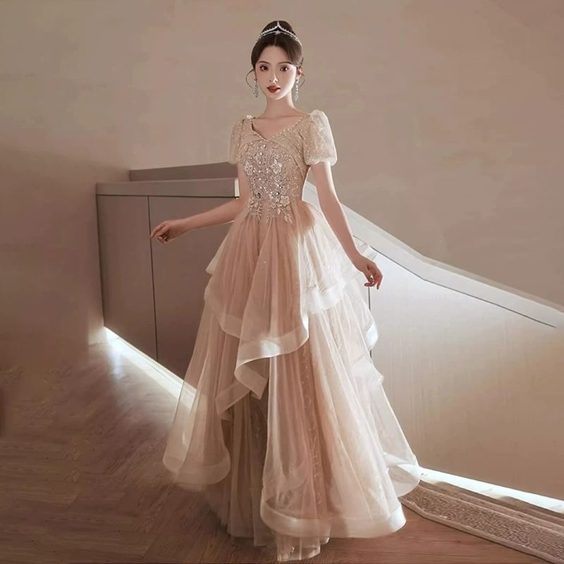 Puff-Sleeve Sequin Flower Embroidered Ruffle A-Line Evening Gown