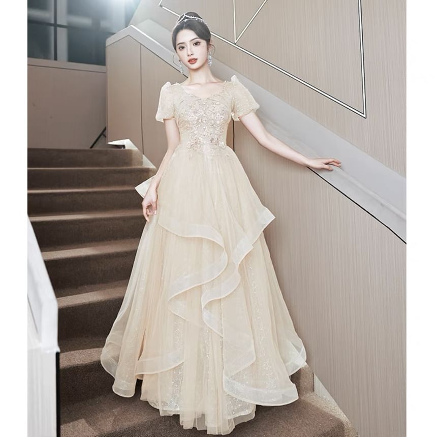 Puff-Sleeve Sequin Flower Embroidered Ruffle A-Line Evening Gown