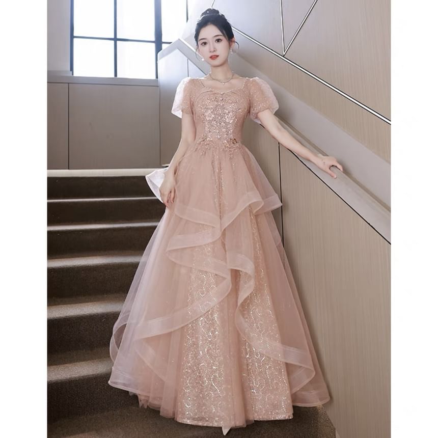 Puff-Sleeve Sequin Flower Embroidered Ruffle A-Line Evening Gown