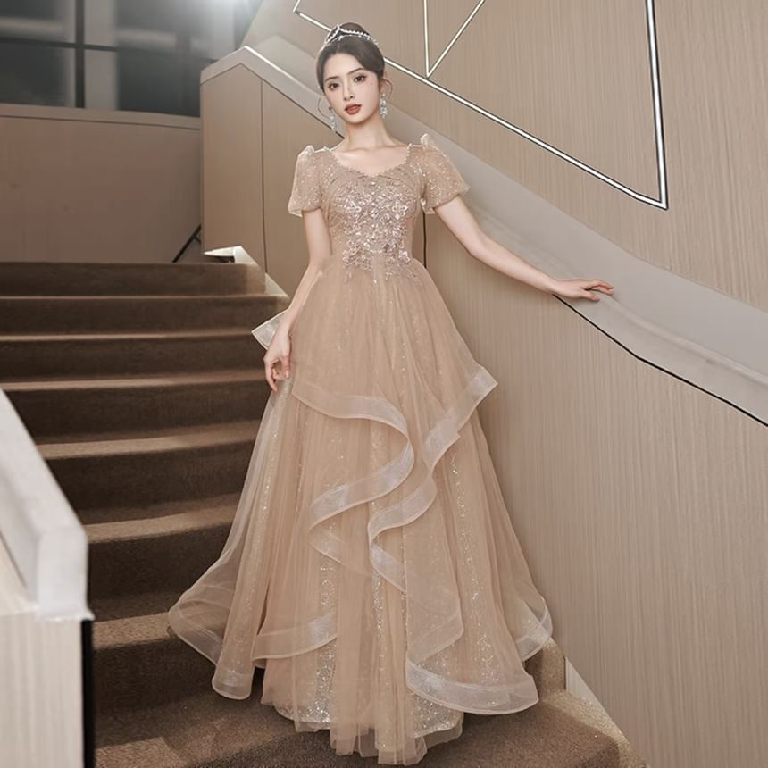 Puff-Sleeve Sequin Flower Embroidered Ruffle A-Line Evening Gown