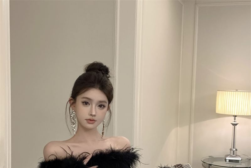 Fluffy Sheath Trim Mini Dress Off-Shoulder Sequin Plain Long-Sleeve