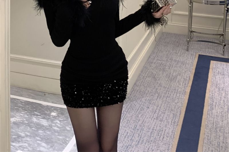 Fluffy Sheath Trim Mini Dress Off-Shoulder Sequin Plain Long-Sleeve
