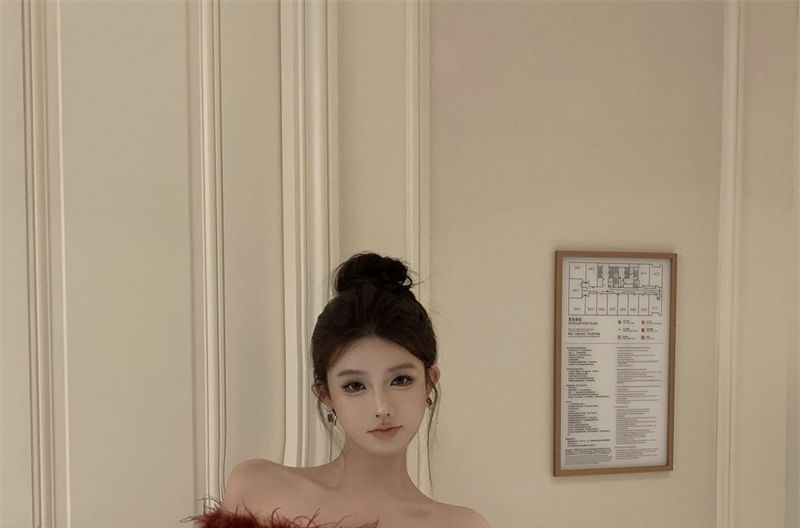 Fluffy Sheath Trim Mini Dress Off-Shoulder Sequin Plain Long-Sleeve