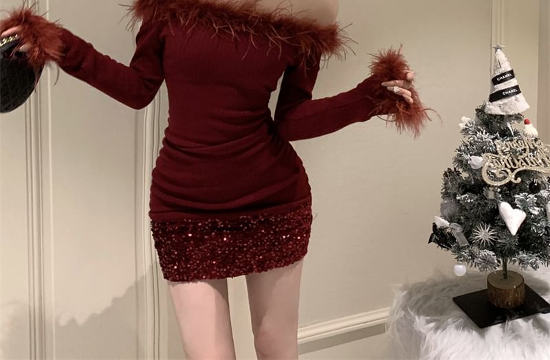 Fluffy Sheath Trim Mini Dress Off-Shoulder Sequin Plain Long-Sleeve