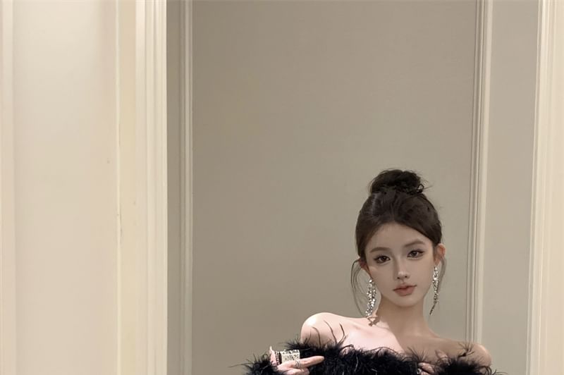 Fluffy Sheath Trim Mini Dress Off-Shoulder Sequin Plain Long-Sleeve