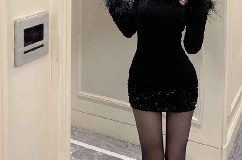 Fluffy Sheath Trim Mini Dress Off-Shoulder Sequin Plain Long-Sleeve
