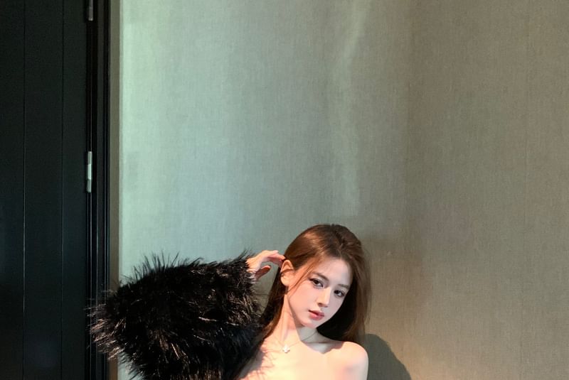 Plain Bodycon Fluffy Dress Mini / Faux Leather Sequin Tube Jacket Panel