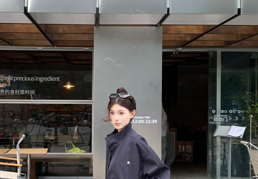 Zip Stand Jacket Collar Embroidered