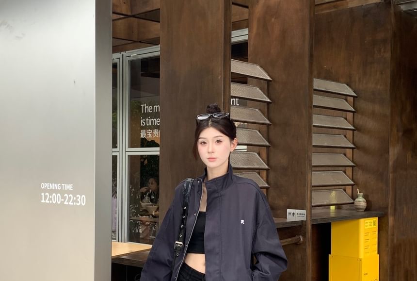 Zip Stand Jacket Collar Embroidered