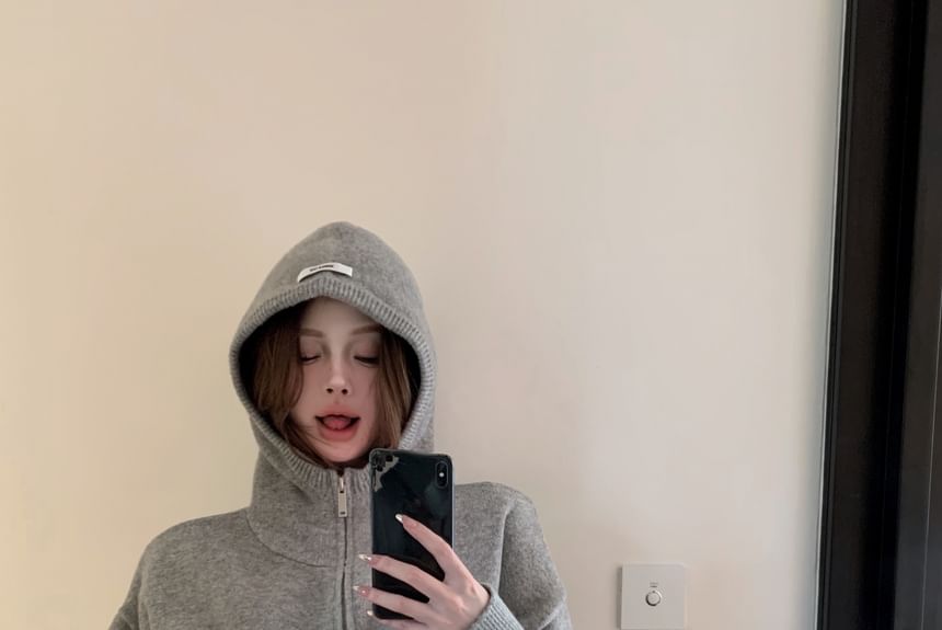 / Shorts Rise Applique Zip Knit Melange Hoodie Mid