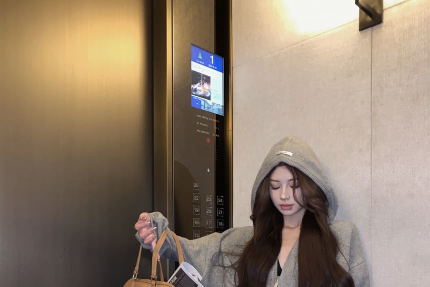 / Shorts Rise Applique Zip Knit Melange Hoodie Mid