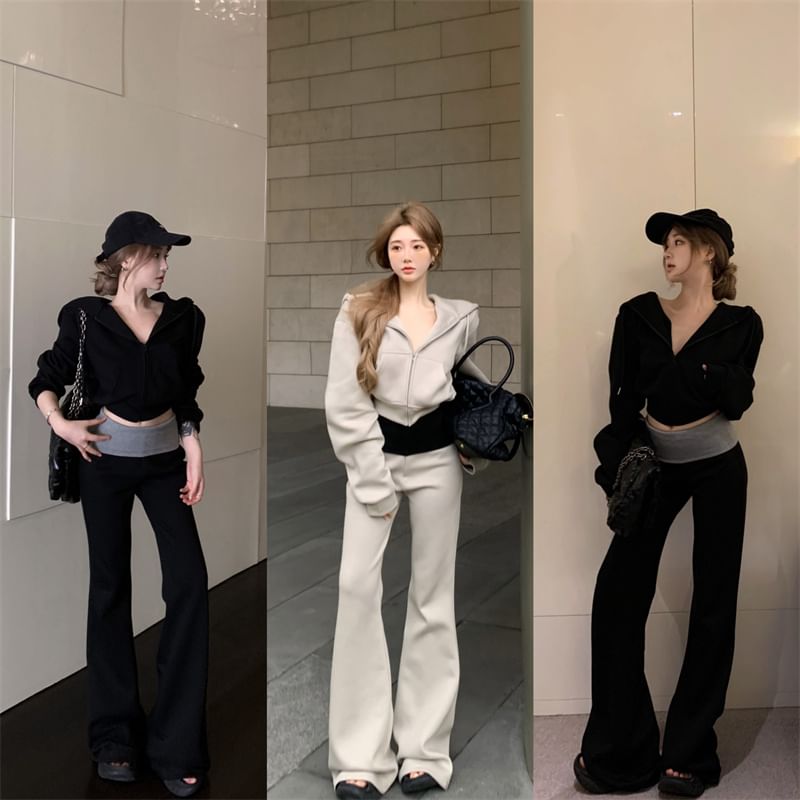 Drawstring Plain Hoodie Rise / Sweatpants Bootcut Tone High Two Zip Crop