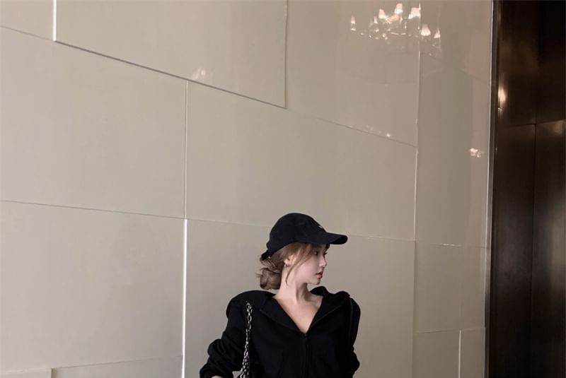 Drawstring Plain Hoodie Rise / Sweatpants Bootcut Tone High Two Zip Crop