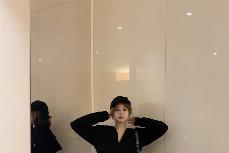 Drawstring Plain Hoodie Rise / Sweatpants Bootcut Tone High Two Zip Crop