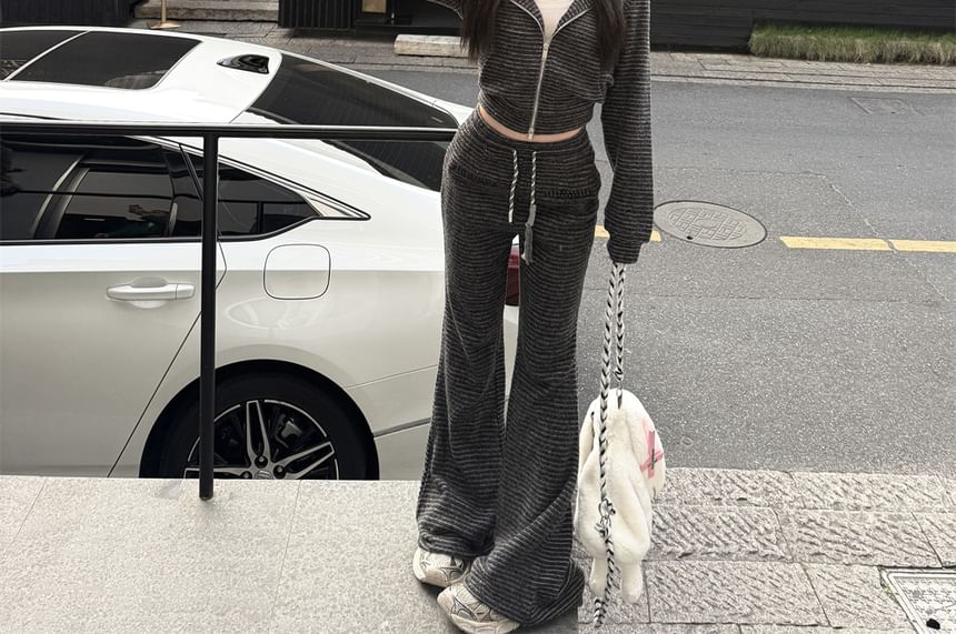 Hoodie / Horn Zip Accent Bootcut Devil Sweatpants Drawstring Waist Crop Striped