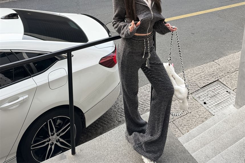 Hoodie / Horn Zip Accent Bootcut Devil Sweatpants Drawstring Waist Crop Striped