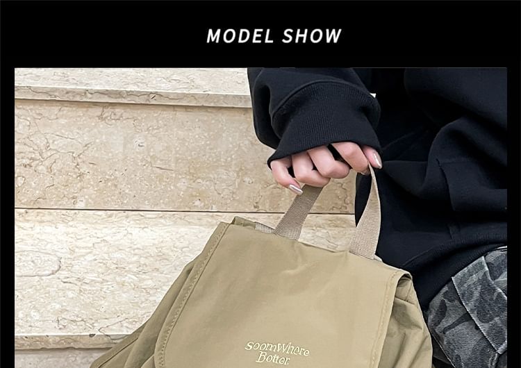 Flap Embroidered Buckled Lettering Backpack Nylon