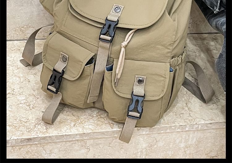 Flap Embroidered Buckled Lettering Backpack Nylon