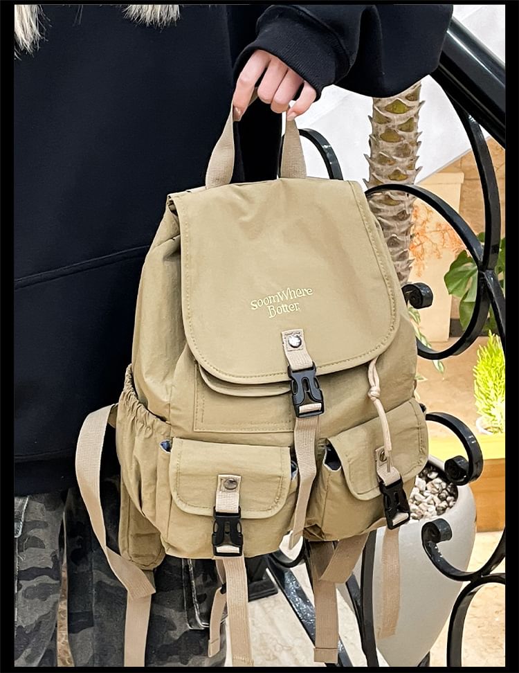 Flap Embroidered Buckled Lettering Backpack Nylon