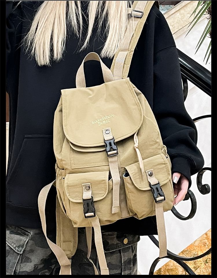 Flap Embroidered Buckled Lettering Backpack Nylon