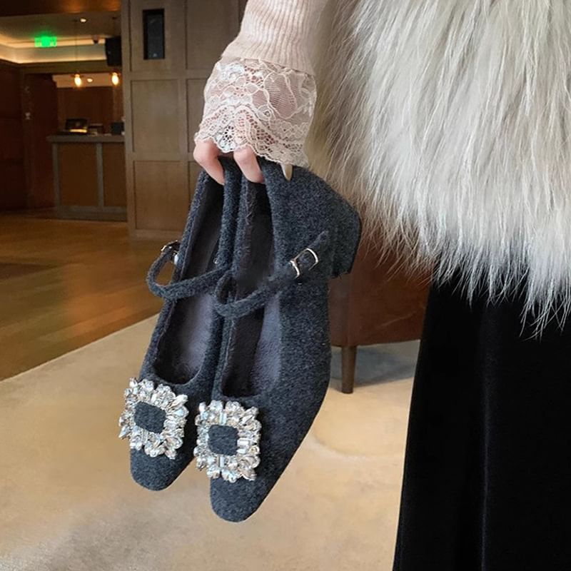 Chunky Rhinestone Heel Mary Jane Pumps Accent