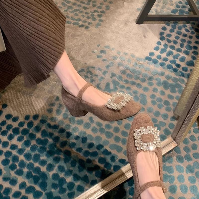 Chunky Rhinestone Heel Mary Jane Pumps Accent