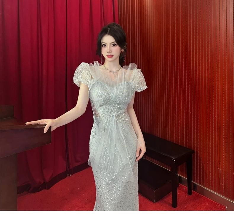 Puff-Sleeve Sequined Cutout Mermaid Evening Gown