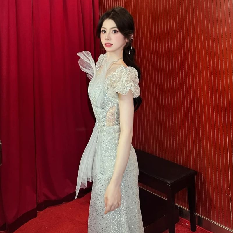 Puff-Sleeve Sequined Cutout Mermaid Evening Gown