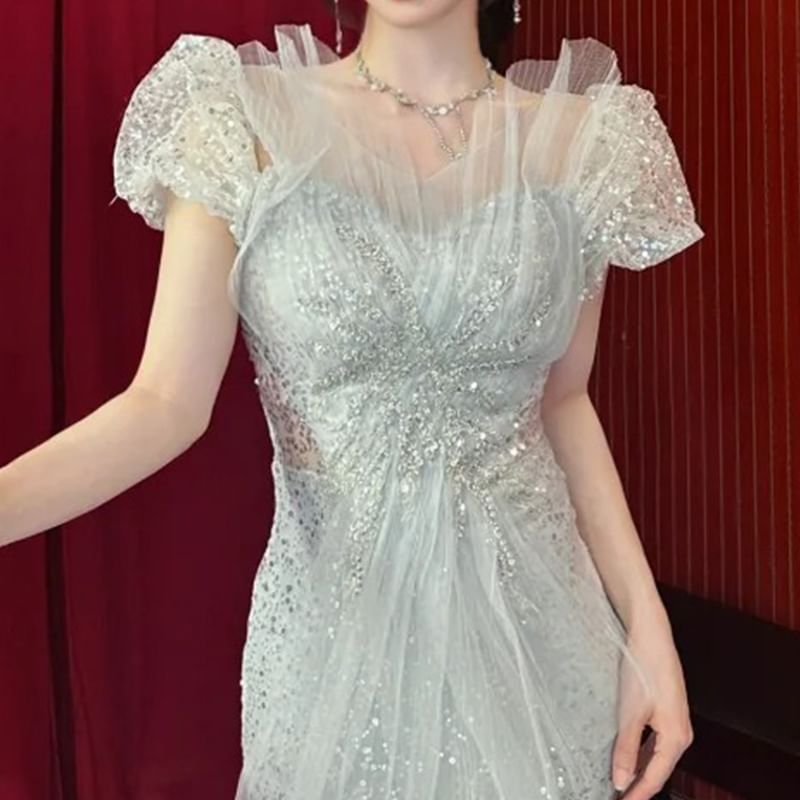 Puff-Sleeve Sequined Cutout Mermaid Evening Gown