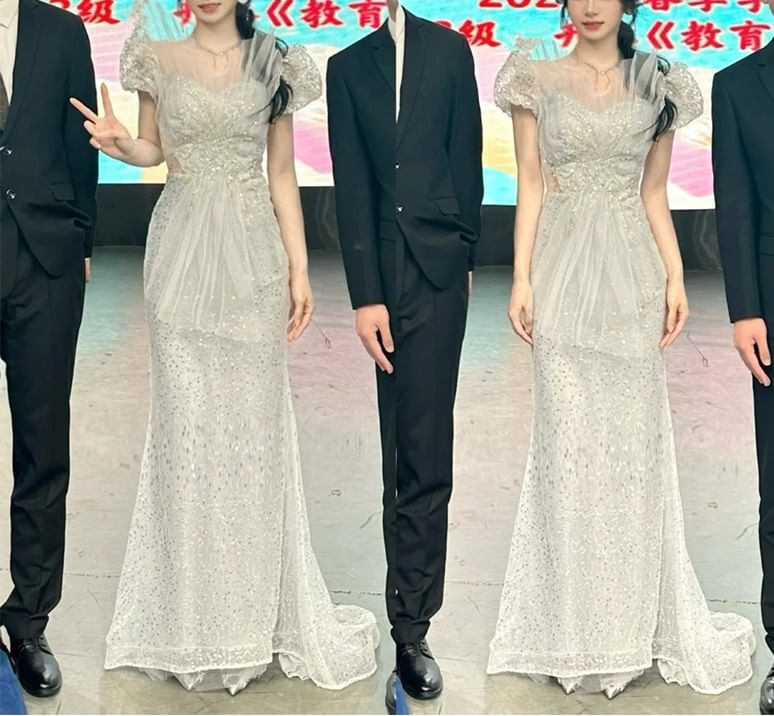 Puff-Sleeve Sequined Cutout Mermaid Evening Gown