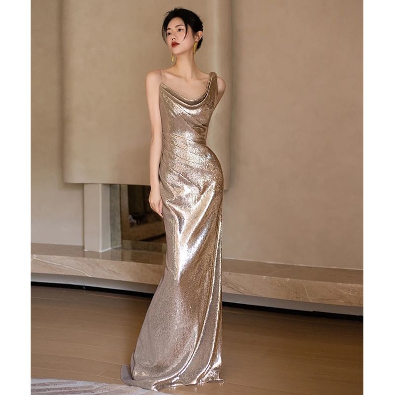 Spaghetti Strap Asymmetrical Sequined Mermaid Evening Gown