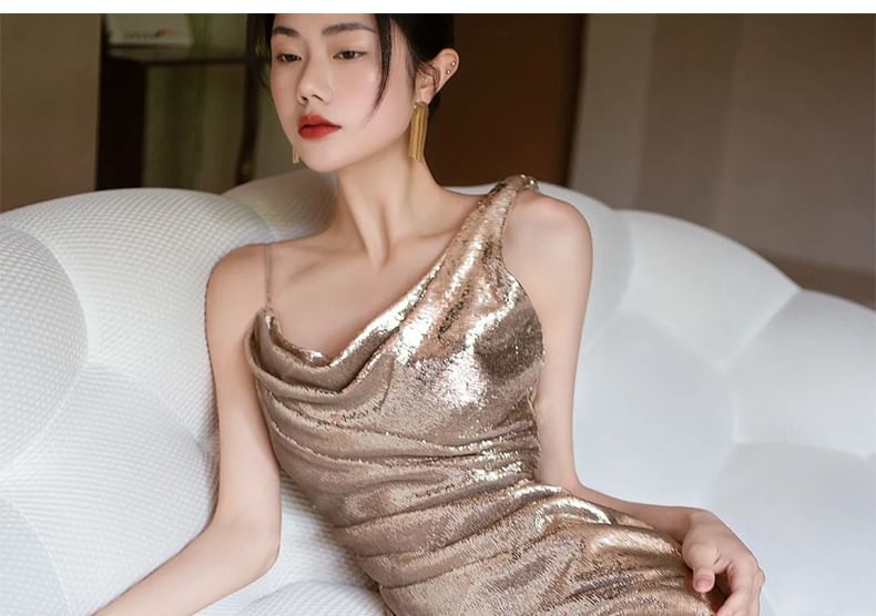 Spaghetti Strap Asymmetrical Sequined Mermaid Evening Gown