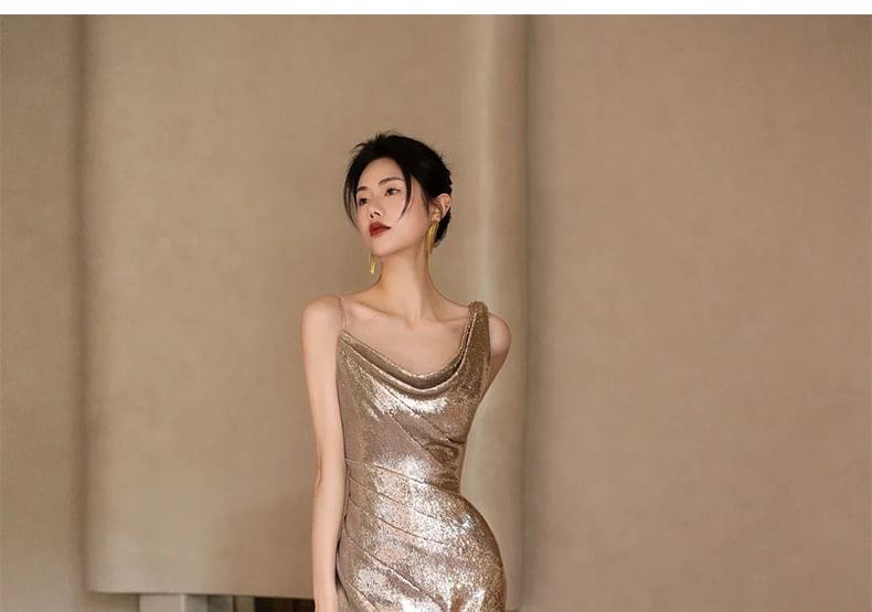 Spaghetti Strap Asymmetrical Sequined Mermaid Evening Gown
