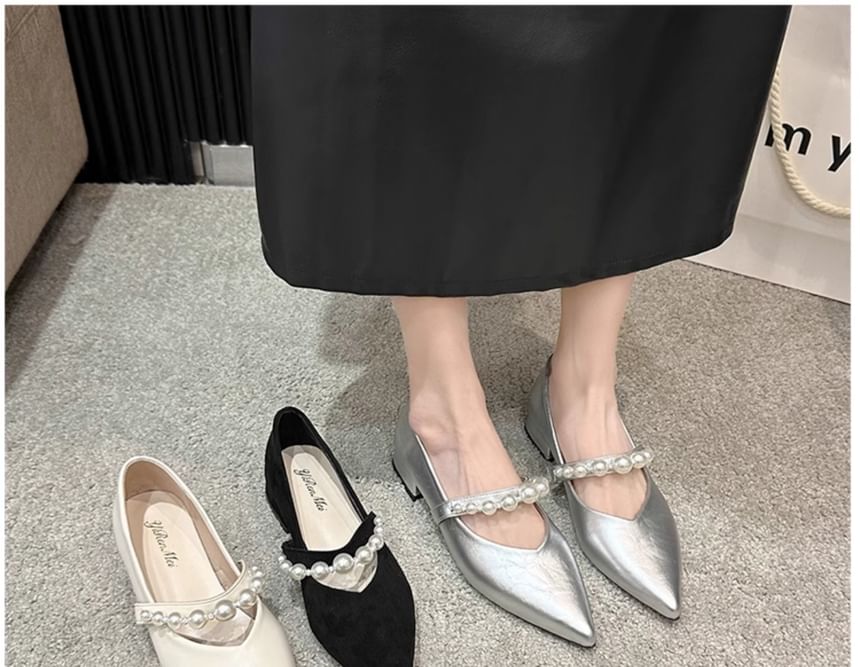 Low Heel Peral Faux Strap Shoes Mary Jane Pointy