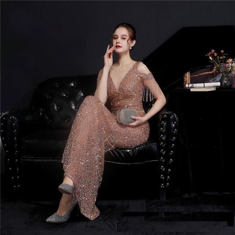 Short-Sleeve Boatneck Mesh Sequin Mermaid Evening Gown