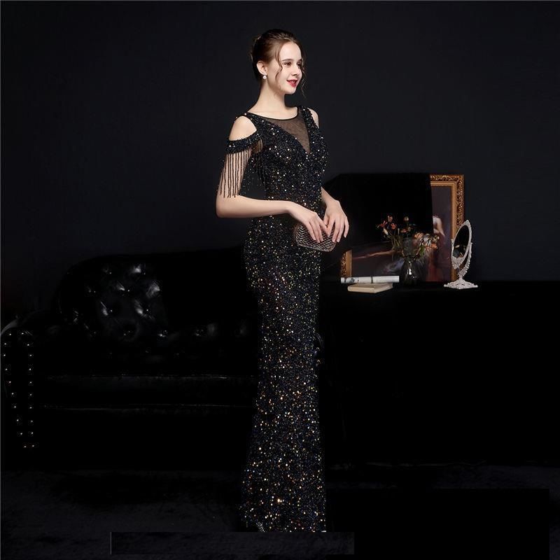 Short-Sleeve Boatneck Mesh Sequin Mermaid Evening Gown