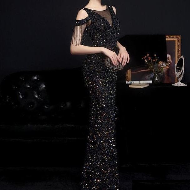 Short-Sleeve Boatneck Mesh Sequin Mermaid Evening Gown