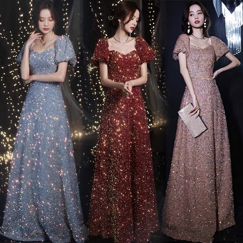 Short-Sleeve Sweetheart Neckline Sequin A-Line Evening Gown