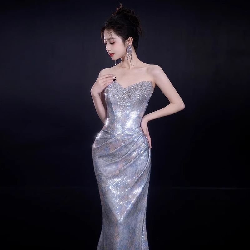 Strapless Sequin Ruched Mermaid Evening Gown
