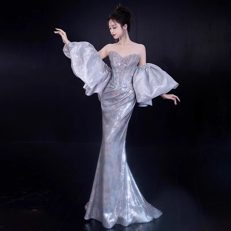 Strapless Sequin Ruched Mermaid Evening Gown